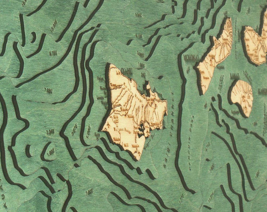Hawaiian Islands (all of them), 3-D Nautical Wood Chart