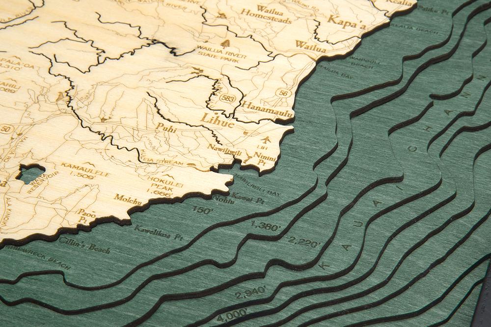 Kauai, Hawaii 3-D Nautical Wood Chart