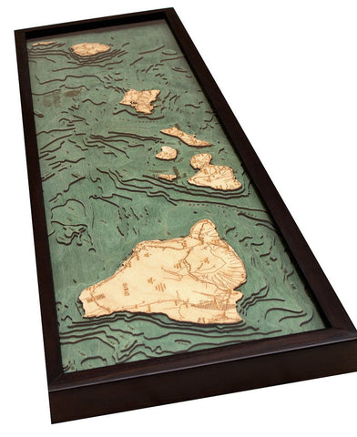 Hawaiian Islands (all of them), 3-D Nautical Wood Chart