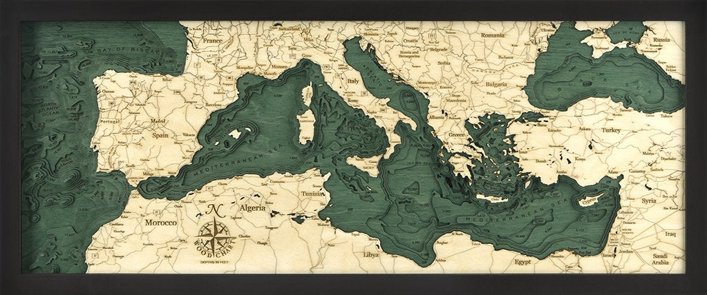 Mediterranean Sea 3-D Nautical Wood Chart