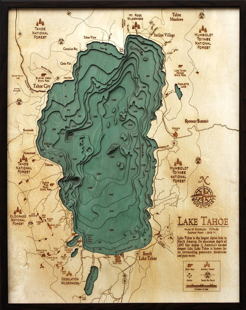 Lake Tahoe, 3-D Nautical Wood Chart