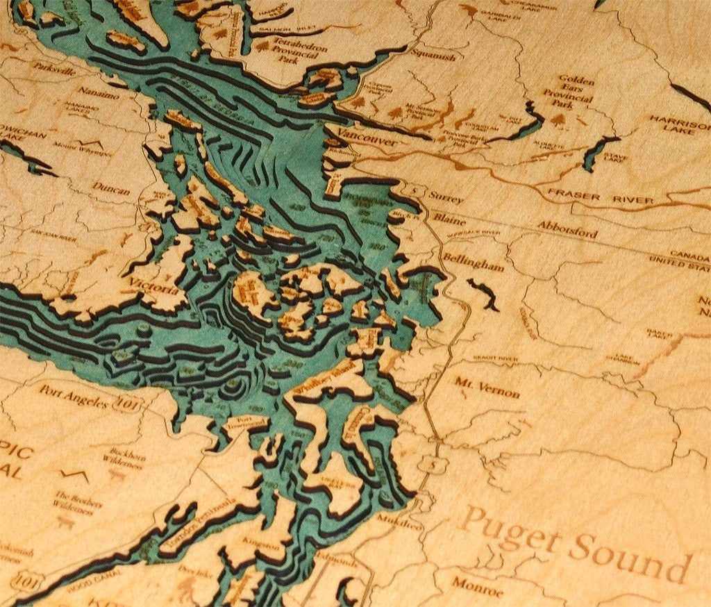Salish Sea, 3-D Nautical Wood Chart